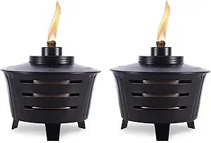 TIKI Mini Fire Pit Tabletop Torch 2-Pack, Outdoor Decorative TIKI Torch for Patio, Backyard, and Garden, Black Metal Tabletop Flame Torch, Includes Long Lasting Wick and Snuffer