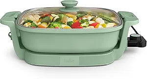 bella Make & Take Electric Skillet, Fits-anywhere kitchenware, EverGood Ceramic Coating, Adjustable Temperature & Dishwasher-Safe Tempered Glass Lid, Cast Aluminum Base, 1200 Watt, Seaglass