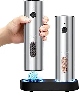 Electric Salt and Pepper Grinder Set with Charging Base, Rechargeable Salt and Pepper Mill with Adjustable Coarseness, LED Light, 110ml Large Capacity for Kitchen, Outdoors, Gifts for Women