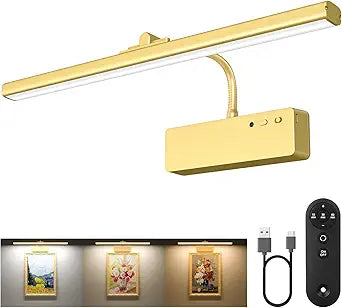 Picture Light, 15.35inch Wireless Picture Lights for Wall Rechargeable, 5400mAh Battery Wall Light with Remote, 3 Color Art Lighting for Paintings with Timer and Dimmable for Display, Gallery (Gold)