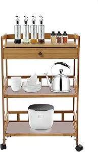 LYNICESHOP Kitchen Island Cart, Bamboo Home Rolling Kitchen Trolley with Storage Drawer Stand 3 Tiers Shelves Cart Mobile Kitchen Cart Utility Cart Storage Shelf Rack for Kitchen, Dining Room