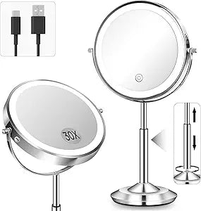 vpu Makeup Mirror with Lights, 1X/30X Lighted Magnifying Mirror Height Adjustable, 3000mAh Rechargeable Double Sided Vanity Mirrors with 3 LED Lighting and Adjustable Brightness for Desk Women Gift