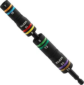 Klein Tools 652MQS Impact-Rated Quad Socket Set, 8 Sizes In 2 Flip Socket Drivers, 4-In-1 Color-Coded Heavy-Duty Multi Tool, 1/4-Inch Drive, Metric 7mm - 14mm, 6-1/2-Inch Extension Shaft