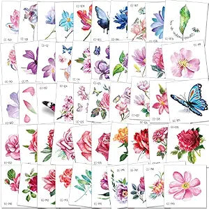 Konsait 50Sheet Flower Temporary Tattoos for Women Teens Girls, Tiny Temporary Tattoo Adult Waterproof Body Art Sticker Hand Neck Wrist, include Flower Butterfly Leaf Lotus Cherry Blossoms Tattoo