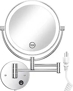 Gospire 8.5" Wall Mounted Lighted Magnifying Mirror, 1X/10X Double-Sided Magnification Round LED Cosmetic Vanity Bathroom Mirror Extendable Arm 360 Swivel for Shaving Makeup