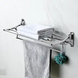 Bathroom Towel Holder, 24 Inch Polished Chrome Towel Racks, Bathroom Towel Shelf with Foldable Towel Bar Holder and Towel Hooks, Wall Mounted Double Towel Bars