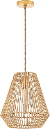 Woven Pendant Lights Hanging Lamp with 12" Hand Rattan Basket Shade Antique Brass Brush Paint Finish for Kitchen Island Farmhouse Dining Room Bar Bedroom Foyer Hallway