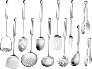 304 Stainless Steel Cooking Utensils Set, 12 Pcs Long Stainless Steel Kitchen Utensils Set, Metal Cooking Utensils Set with Potato Masher, Spoon, Ladle, Skimmer, Pasta Server etc(Dishwasher Safe)