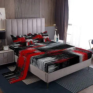 Feelyou Red Black and Grey Sheets with Deep Pocket Fitted Sheet Geometric Artistic Smear Sheet Set Abstract Graffiti Art Bed Sheets Set Contemporary Modern Brush Design Bedding Set Bed Set Full Size