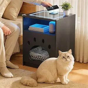 Cat House Night Cabinet with Charging Station & LED Lights, Modern Wooden Night Cabinet with Cozy Hidden Cat Condo, Dark Grey End Cabinet with Open Shelf, Home Accent Furniture