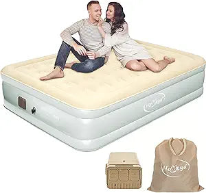 Queen Air Mattress with Built in Pump Rechargeable Detachable - 16'' Double High Inflatable Air Bed for Camping, Home & Guests, 3 Min Self Inflating / Deflating Top Flocking Blow Up Bed with Carry Bag