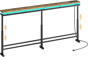 YATINEY 70.9" Behind Couch Table with LED Lights, Narrow Console Table with Adjustable Height (27.6"-35.4"), 5.9" Wide Sofa Tables Narrow Long with USB-C Ports, Sofa Side Table, Rustic Brown CT26UDBR