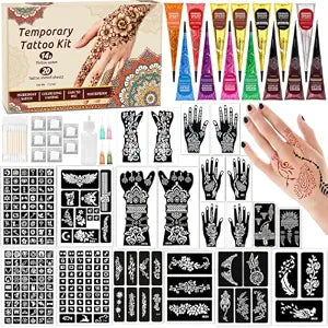 Temporary Tattoo Kit with 20 Sheets Stencils, 14 Ink Colors & Accessories