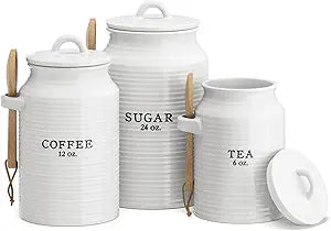 Barnyard Designs Canister Set for Kitchen Counter, Coffee Tea Sugar Container Ceramic Set, Decorative Canisters, Rustic Farmhouse Canister Jars, White (Coffee/Sugar/Tea)