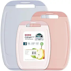 Neoflam Microban Protection Cutting Board 3 Piece Set, Stain & Odor/BPA Free, Reversable Board, Upgraded Larger Juice Groove, Non-Slip EZ Grip Handle, Dishwasher Safe, Pastel