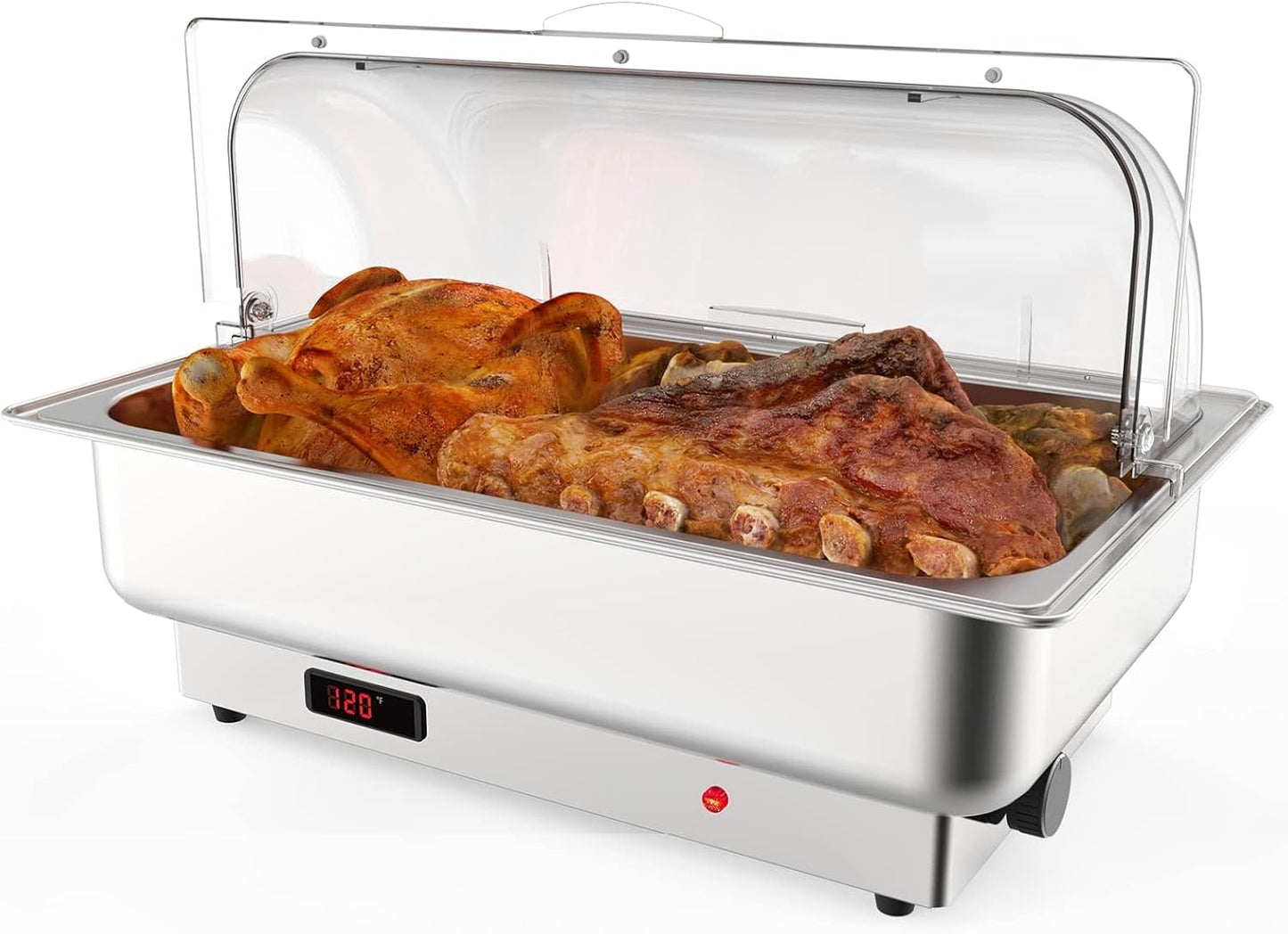 KYBOLT Rectangular Electric Chafing Dish Buffet Set with Temperature Control, 9QT Roll Top Stainless Steel Food Servers and Warmers with Transparent Lid for Catering Wedding and Parties