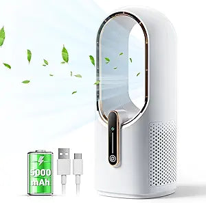 KONSIDEN Bladeless Desk Fan, 11.8 Inch Small Rechargeable Fan, Quiet Office Fan, 3 Speeds, Touch Control, Easy to Clean, Desk Fan Small Quiet, Ideal for Home, Office, Travel