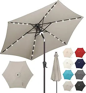 FLAME&SHADE 10ft Solar Outdoor Umbrella - 24 LED Lighted Patio Umbrella with Centre Surround Light, Table Umbrellas with Tilt & Crank for Pool, Porch, Garden, Deck, Backyard UV Protection (Taupe)