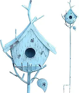 Bird Houses for Outside with Pole, Metal Birdhouse Stake for Outdoors Rustic Bird House On Pole Stand Farmhouse Birdhouse Decor Decorative Garden Yard Art 39" H Blue