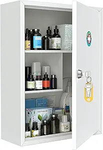 Uniclife Wall Mount Medicine Cabinet with Key Lock, Locking First Aid Cabinet, Lockable Medical Cabinet, Large Capacity Medicine Organizer, Secure Steel Wall Cabinet Metal Storage Box, White