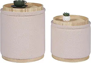 PINPLUS Round Ottoman with Storage Set of 2, Vanity Stool with Storage, Small Ottoman with Tray Teddy Velvet Foot Rest Stool for Bedroom, Living Room, Dorm (Beige)
