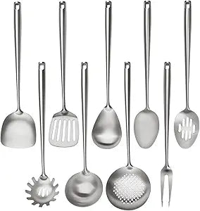 18/10 Stainless Steel Cooking Utensils Set,9 Pcs Professional All Metal Stainless Steel Kitchen Utensils Set with Wok Spatula,Soup Ladle,Skimmer,Slotted Spatula Turner, Large Spoon(Dishwasher Safe)