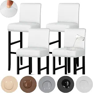 Lebaley Waterproof PU Leather Bar Stool Covers Set of 4 Stretch Counter Height Bar Stool Slipcovers with Back, Easy Clean Faux Leather Chair Covers for Kitchen Island, Home Bar & Pub (White)