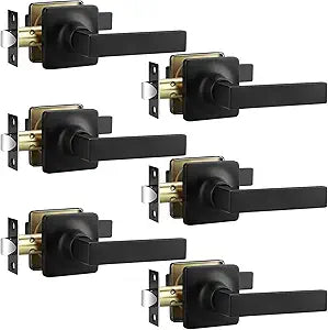 6 Pack Matte Black Door Handle, Interior Passage Door Handle for Hallway, Closet Door Knob Without Lock, Keyless Square Door Lever, Reversible for Left/Right Doors