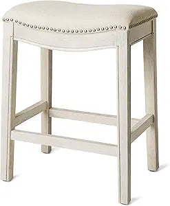 Maven Lane Adrien Backless Counter Stool 26 Inches Saddle Stool with Footrest Cream Solid Wood Frame & Cream Fabric Upholstery Perfect for Kitchen Islands & Counters