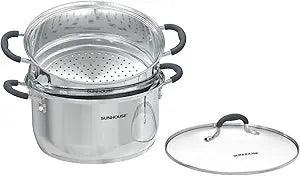 SUNHOUSE Stainless Steel Steamer Pot for Cooking - 3.1 QT Steaming Pot with Glass Lid & Steamer Basket - 2 Tier Tri-ply Vegetable Steamer with Stay-Cool Silicone Handles - Induction Compatible