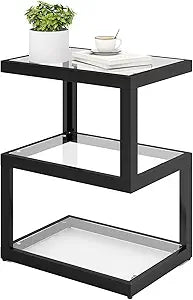 Glass 3-Tier S-Shaped Side Table with LED Strip, Black End Table for Living Room & Bedroom (Rectangle)