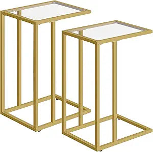 HOOBRO C Shaped End Table, Set of 2, Side Table for Sofa, Couch Table for Small Space with Tempered Glass, Metal Frame, Modern Style, Gold GD03SFP201