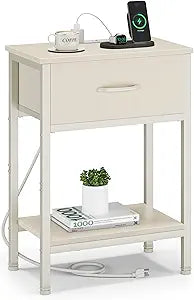 Vagusicc Nightstand with Charging Station, End Table with Fabric Drawer, Small Side Table with 2-Tier Storage Shelves, 25.4" Tall Night Stand, Bedside Table for Bedroom, Living Room, Dorm, Beige