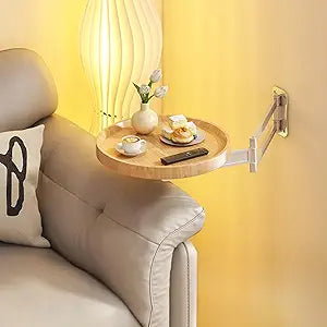 Wall Mounted Folding Round Table,11Inch Small Foldable Retractable Wooden Coffee Table Tray Fold Down Wall Desk Flip-Out Design Nightstand for Bedroom Living Room Balcony (Natural)
