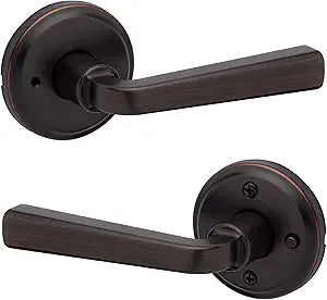 Kwikset Trafford Interior Privacy Door Handle with Lock, Door Lever for Bathroom and Bedroom, Venetian Bronze Reversible Keyless Push Button Lock Door Lever, with Microban Protection