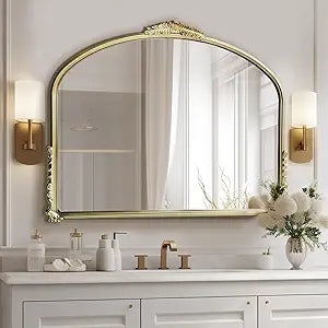 OUSHUAI Antique Gold Mirror,Ornate Wide Mirror Decor,Arched Big Mirror for Entryway/Bathroom/Fireplace 37"X29" Champagne Gold