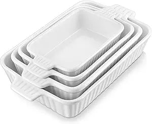 MALACASA Casserole Dishes for Oven, Porcelain Baking Dishes, Ceramic Bakeware Sets of 4, Rectangular Lasagna Pans Deep with Handles for Baking Cake Kitchen, White (9.4"/11.1"/12.2"/14.7"), Series