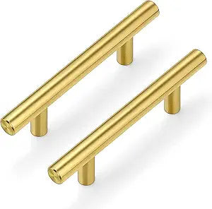Plustool 60Pack Gold Cabinet Handles 3 Inch Hole Center-Brushed Brass Cabinet Pulls Gold Dresser Drawer Pulls -Stainless Steel Door Hardware for Kitchen Bathroom Bedroom 5 Inch Length