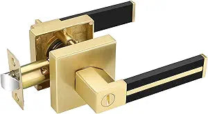 Gold Door Handle 1 Pcs, Privacy Door Levers with Black Leather Handle, Brass Interior Bedroom Bathroom Door Knob, Heavy Duty Privacy Bed/Bath Door Lockset, Reversible for Right/Left-Handed Door