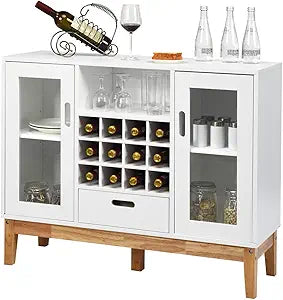 Giantex Buffet Sideboard, Wood Kitchen Server, Storage Cupboard, Wine Rack, 2 Cabinets, Drawer and Open Shelf, Living Room Furniture (White & Natural)