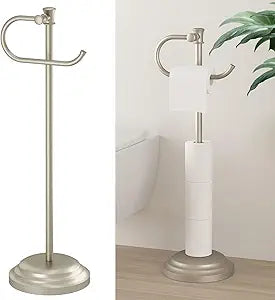 Hoimpro 25" Toilet Paper Holder Free Standing, Floor Bathroom Toilet Paper Tissue Roll Holder with Shelf Storage Stand for 4 Rolls, Freestanding Handle Hardware Accessories Rack Brushed Nickel