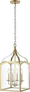 JONATHAN Y 11" Antique Gold 4-Light Traditional Lantern Pendant Light, Metal and Clear Glass Shade, Classic Chandelier for Foyer, Kitchen Island, LED Bulbs Included (JYL7403C)