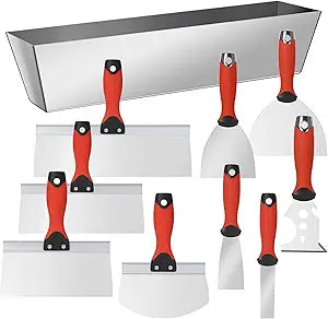 10Pcs Drywall Tool Kit, Stainless Steel Putty Knife Set with 1"-6" Knives, 8"-12" Taping Knives, 9-in-1 Painter Scraper, 12" Mud Pan & 6" Scoop for Drywall Taping, Finishing, and Patching