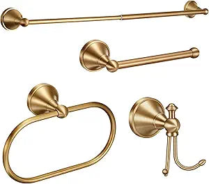 4 Pcs Antique Brass Bathroom Accessories Set Wall-Mounted Brass Towel Rack & Towel Ring & Toilet Paper Holder & Robe Hook, Wall Mounted Gold Vintage Bath Hardware Fixture Set