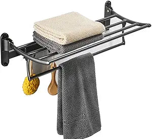 BESy 24 Inch Oil Rubbed Bronze Towel Racks, Bathroom Towel Shelf with Foldable Towel Bar Holder and Towel Hooks, Wall Mounted Multifunctional Bathroom Accessories, Double Towel Bars