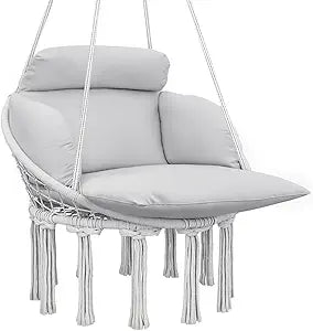 Outsunny Hammock Swing Chair, Outdoor Hanging Chair with Large Cushion, Cotton Rope Weaving Macrame Swing with Chain, 265 LBS Capacity for Indoor, Outdoor, Bedroom, Patio, Balcony, Gray