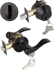 Gobrico 1Pack Exterior Door Lever Lockset with Single Cylinder Deadbolt Black Door Handle with Deadbolt Lock Set Keyed Alike, Matte Black Finished