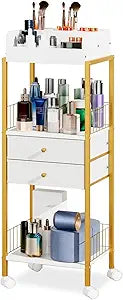 Makeup Organizer Cart Shelf Floor Skincare Organizers Make Up and Station Storage Cabinet For Vanity Standing Cosmetics With Drawers and Wheels For Nail Polish Perfume Hair Tool Holder Beauty(Gold)