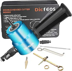 Dicfeos Double Head Metal Sheet Nibbler Cutter with Circle Cutting Accessories, Drill Attachment with Wrench and Parts, Maximum 14 Gauge Steel