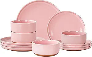 GZG Modern Art Series - 12 Pcs Speckled Stoneware Plates and Bowls Sets, Ceramic Dinnerware Set with Rustic Terracotta Underside, Microwave and Dishwasher Safe Handcrafted Dishes Set - Blush Pink